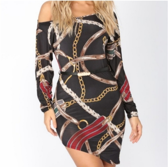 Fashion Nova Dresses & Skirts - Fashion Nova Chain Print Off The Shoulder Long Sleeve Mini Dress Size Small